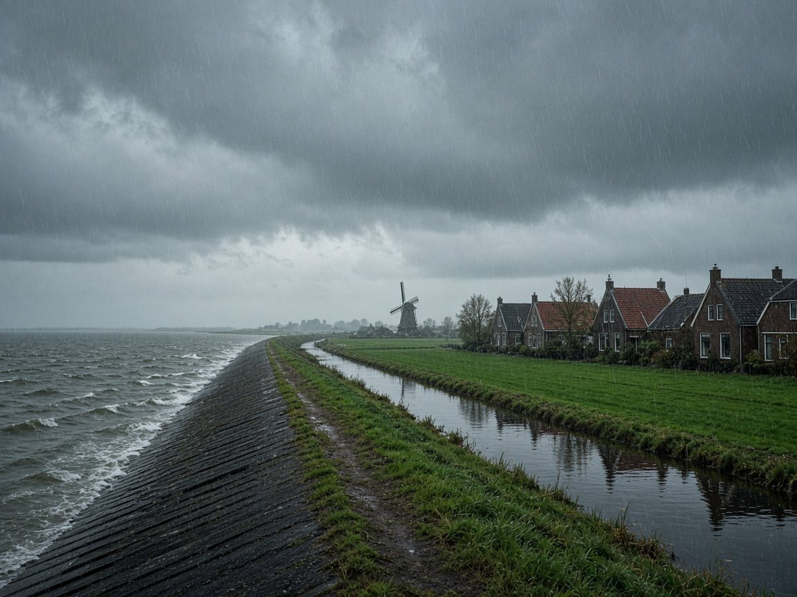 Dutch polder below sea level under heavy rain