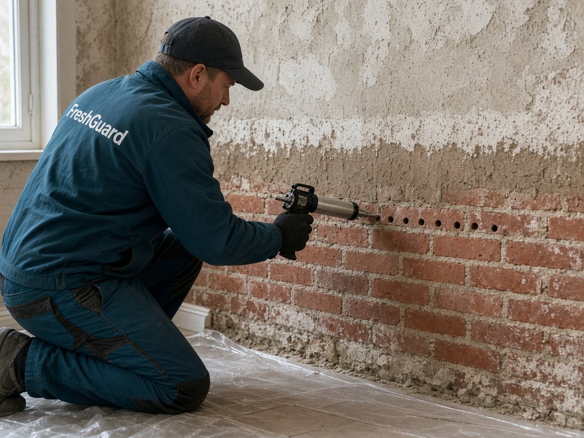 FreshGuard technician injecting a damp-proof course into a brick wall