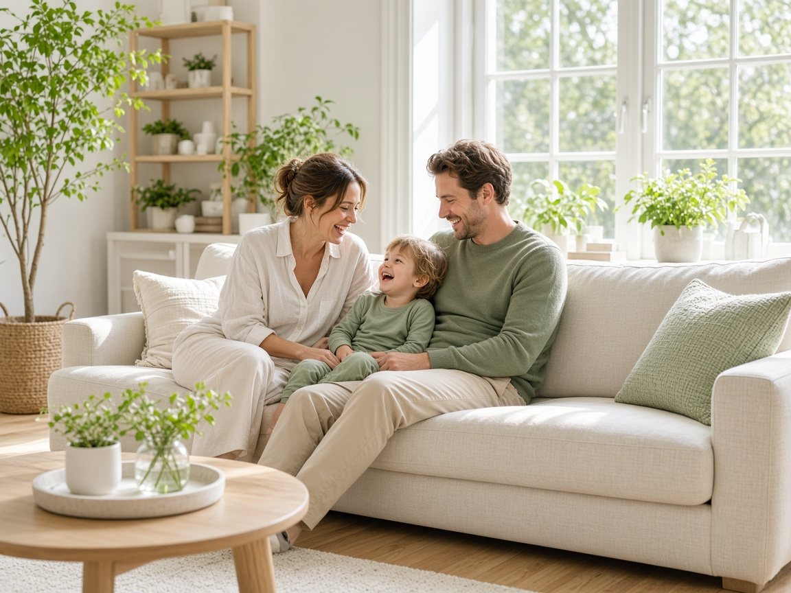 Family relaxing in a bright, healthy living room