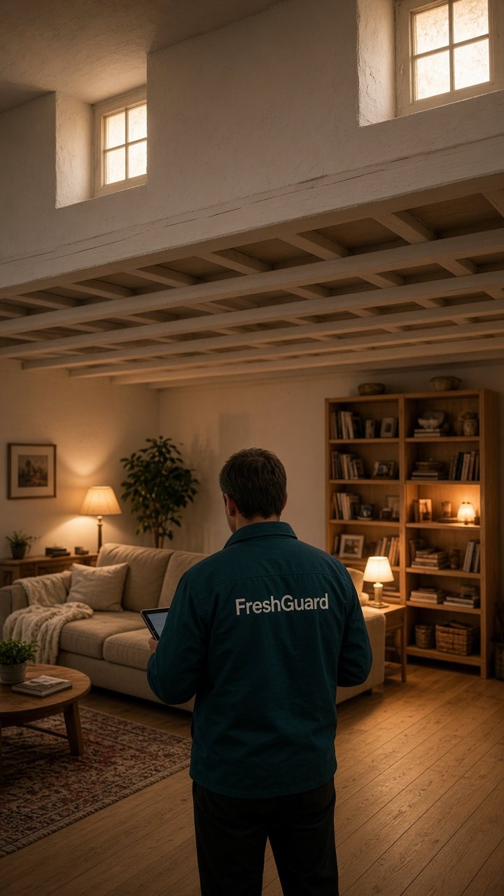 FreshGuard technician reviewing a finished basement family room