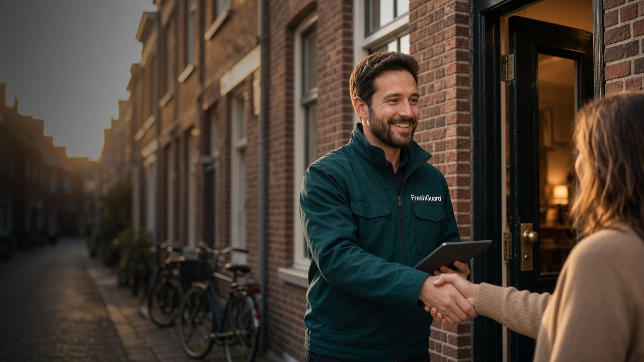 FreshGuard specialist greeting a homeowner at the front door