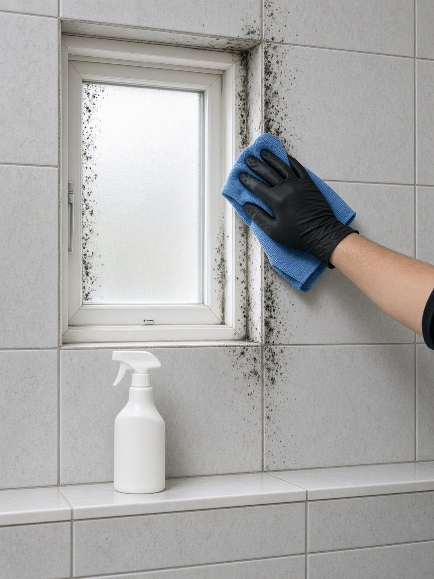 Gloved hand cleaning black mold from bathroom tiles around a window