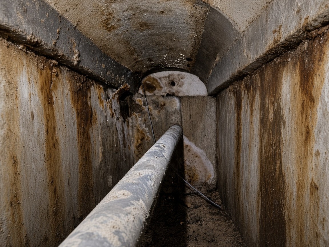Moldy utility tunnel before cleaning